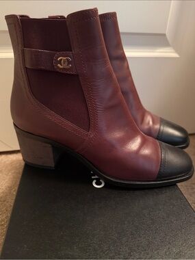 CHANEL Burgundy and Black Leather Ankle Boots with CC Accent
